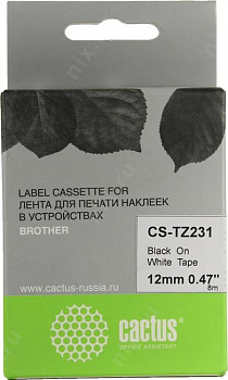 Cactus (CS-TZ231) лента для печати этикеток (ширина 12мм, 8м, чёрный  на белом)