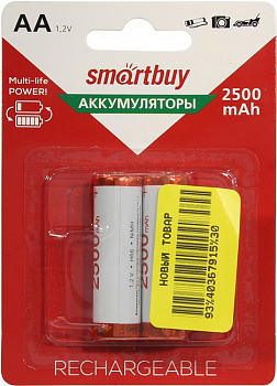 Аккумулятор Smartbuy SBBR-2A02BL2500 (1.2V, 2500mAh) NiMh, Size "AA" (уп. 2 шт)